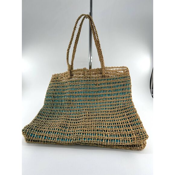 Jute Tote Aqua Polyester Fabric Lining With Interior Pocket Wood Button Closure - Picture 2 of 8